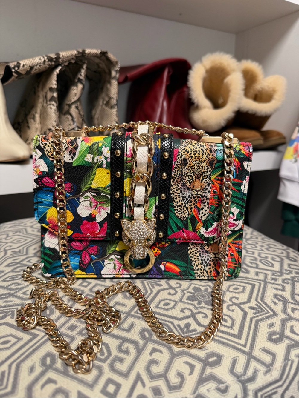 Aldo Black Multicolor Floral Chain Shoulder Bag with Gold Hardware
